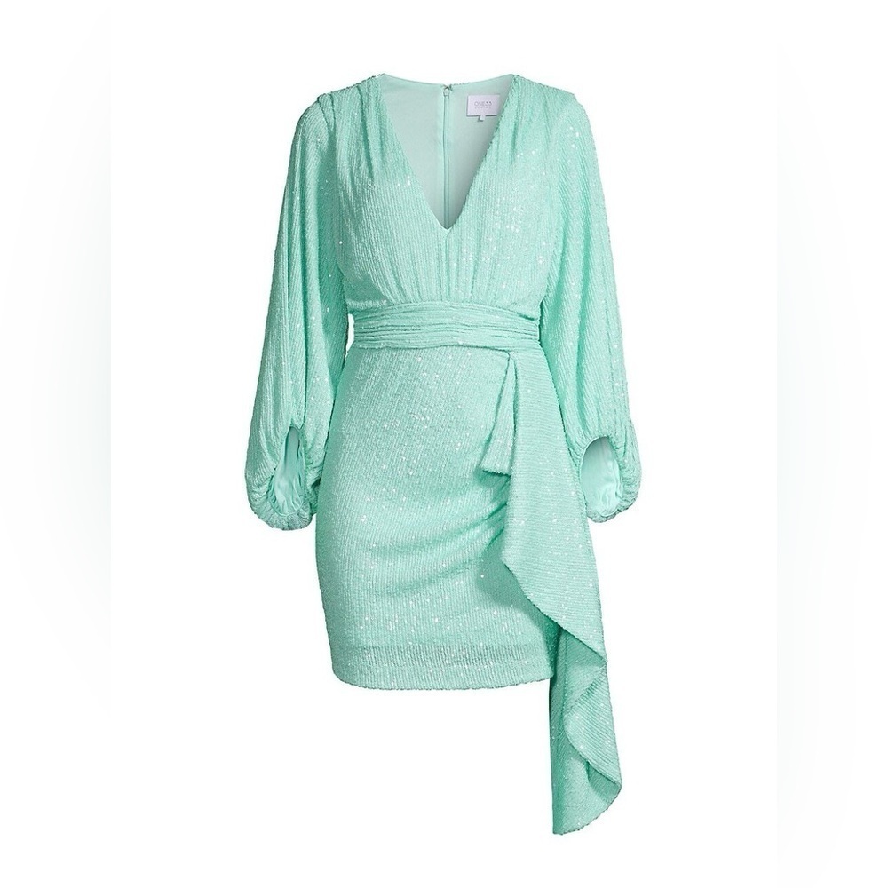 One33 Social Cascade Ruffle Sequin Minidress In Aqua Size 12